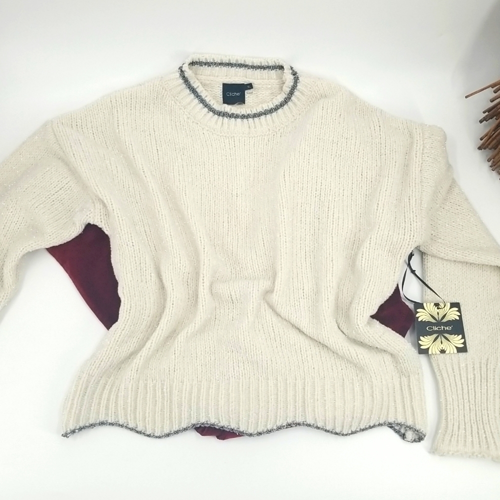 Cliche‎ Ivory Crew Neck Pullover Sweater with Silver Metallic Accents